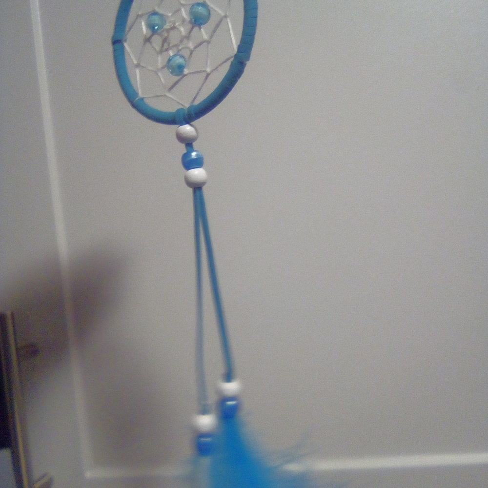 Blue Dreamcatcher with Beads and Feathers